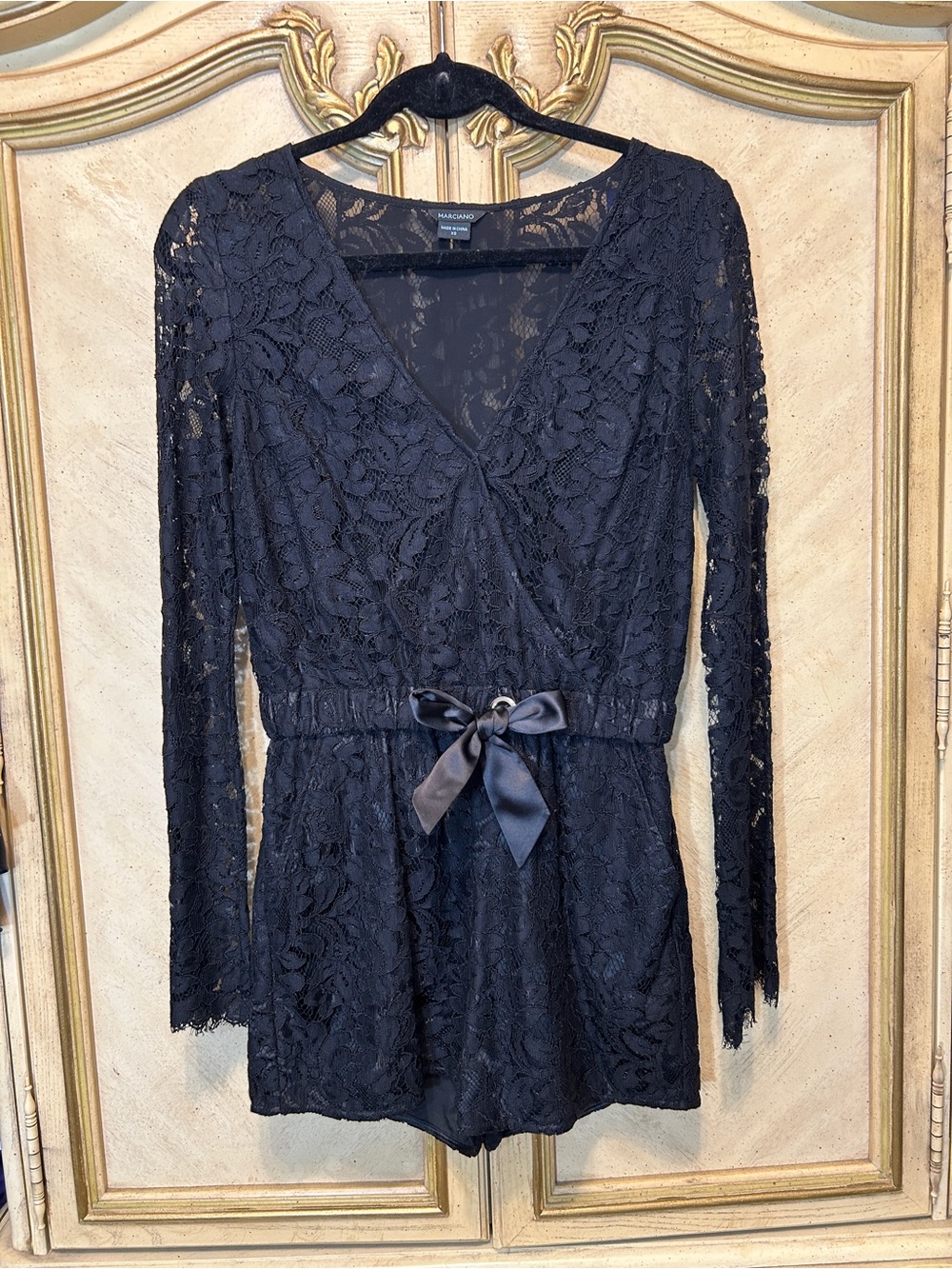 Marciano Black Lace Long Flare Sleeve V Neck Wrap Shorts Romper
